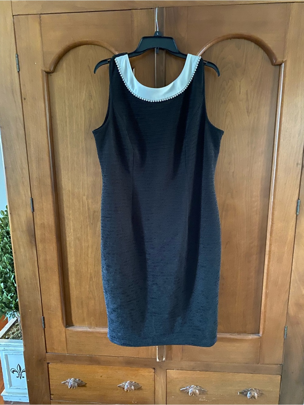 Sleeveless Black Midi Dress with Pearl Trim